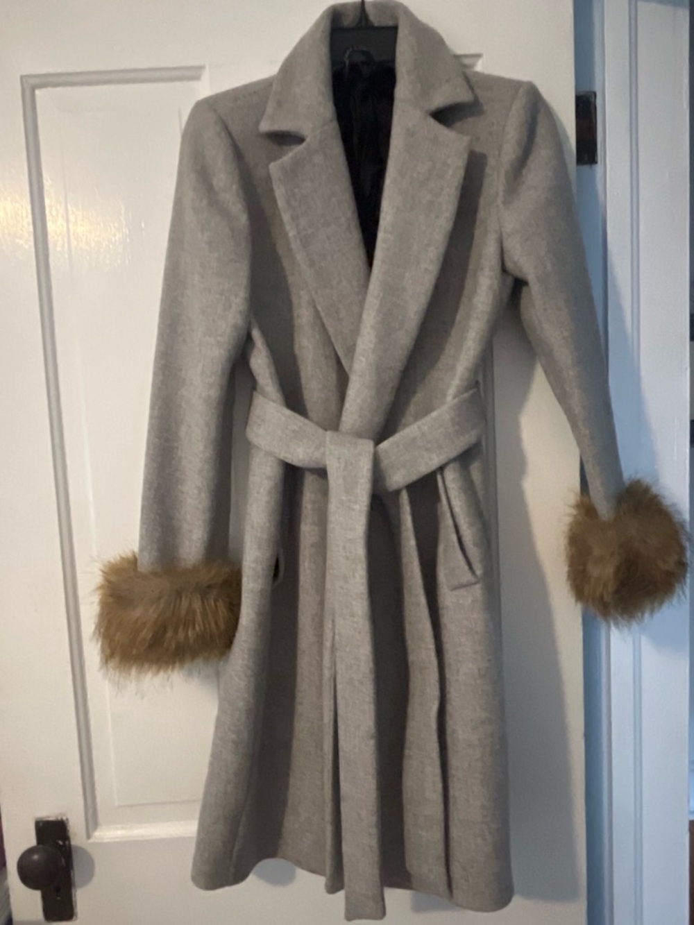 Zara Gray Belted Wool-Blend Coat with Faux Fur Cuffs